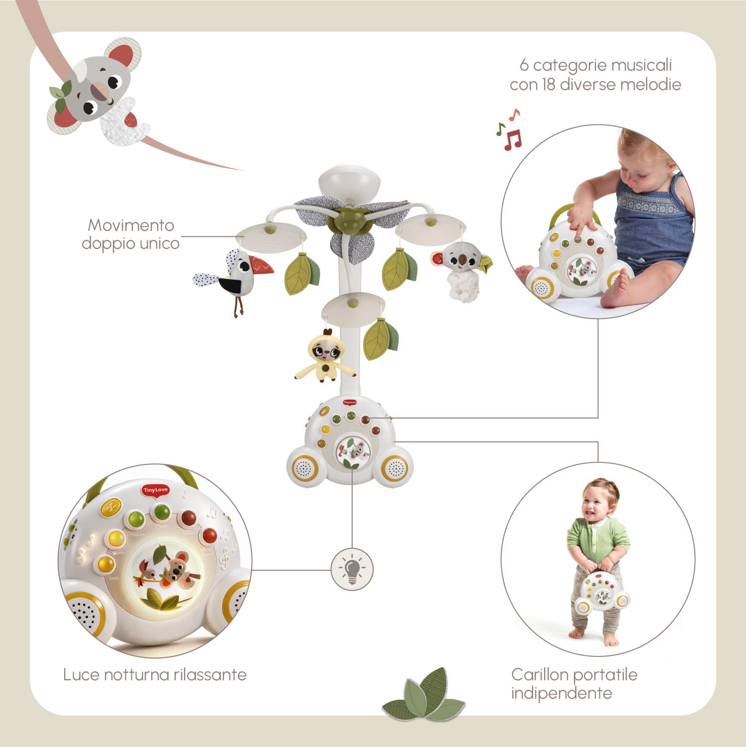 Tiny Love Soothe 'n Groove Mobile Giostrina Culla Neonato, 0+ Mesi, Carillon Musicale, Mobile Neonato, Stimolazione Visiva, 18 melodie, Suono Bianco, 40 Minuti di Musica Continua, Stile Boho Chic