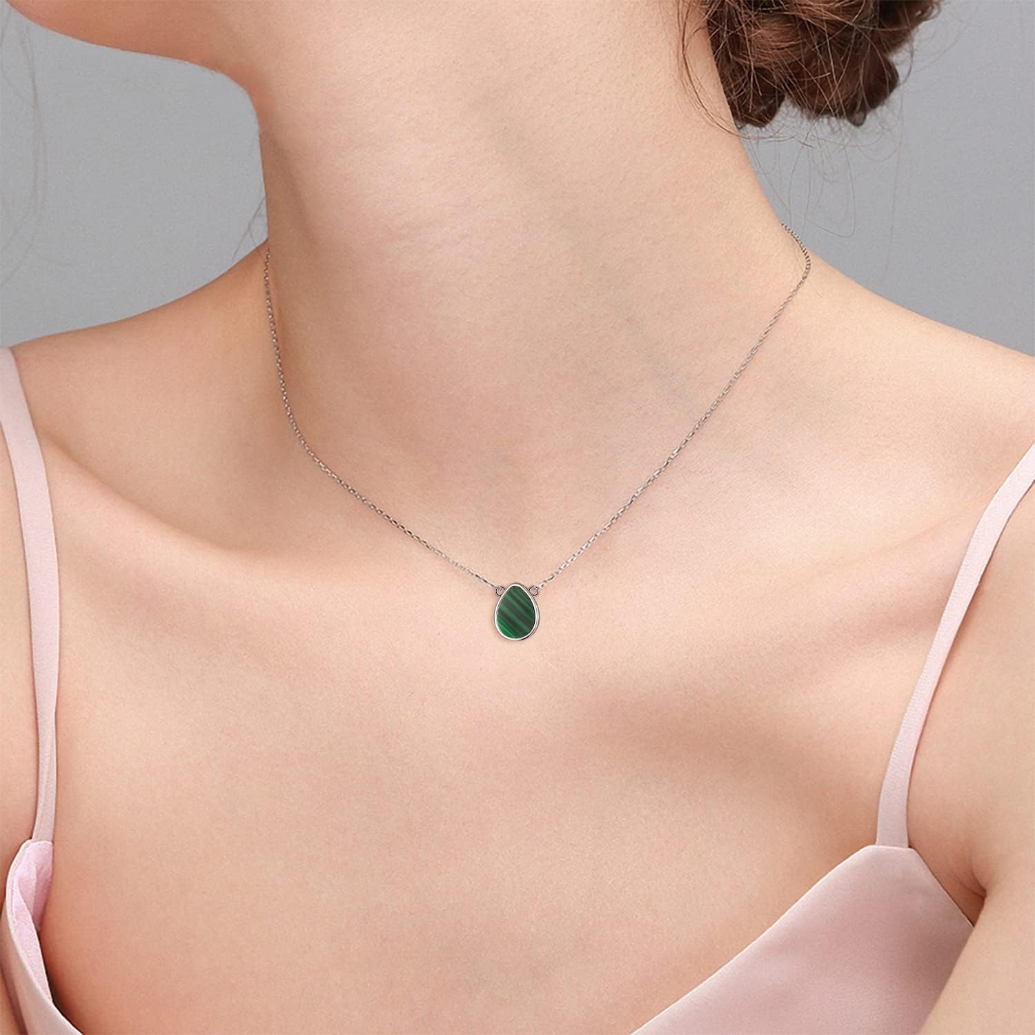TANGPOET Teardrop Carnelian/Malachite Pendant Necklace for Women 925 Sterling Silver Lab Created Gemstone Jewelry Birthday Gift with 18"+2" Chain - Image 5