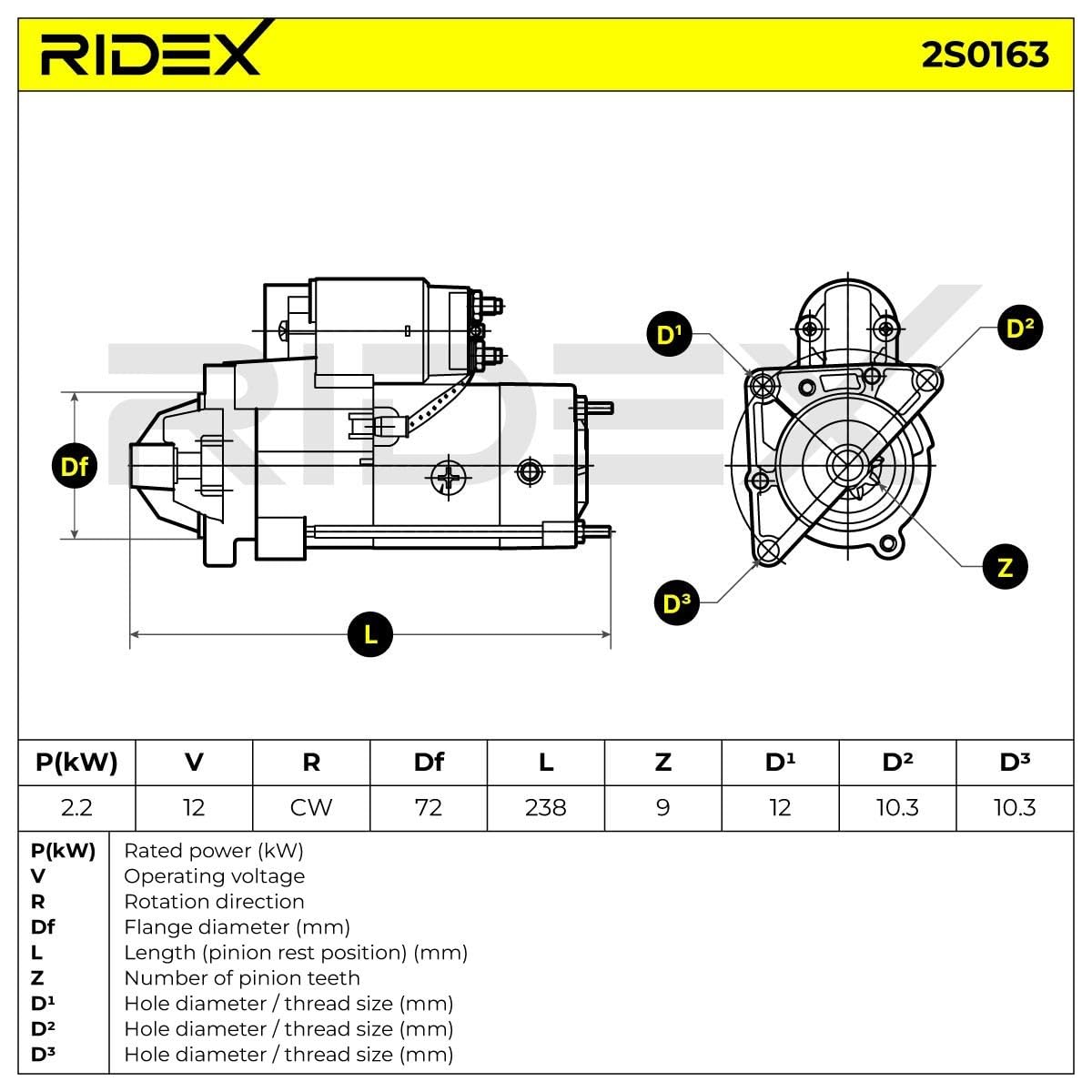 RIDEX 2S0163 Démarreur pour voiture 12V, 2,2KW, Compatible avec RENAULT Master 2 Van FD R1530114 7711134621 09198664