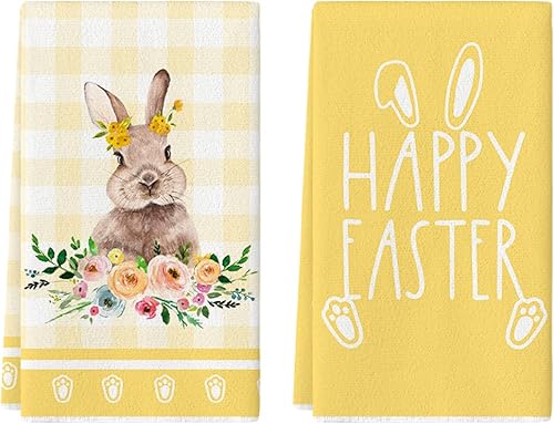 Artoid Mode Juego de 2 toallas de cocina con diseño de conejo a cuadros amarillos, 18 x 26 pulgadas, decoración de vacaciones de primavera y verano