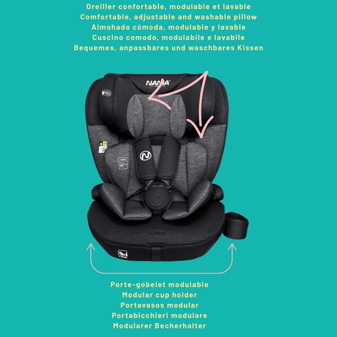 Nania - Milano, Asiento de coche para bebé ISOFIX, escalable 76-150 cm, 9-36 kg, 15 meses a 12 años, Cabezal ajustable 12 niveles de ajustes, Protectores laterales, Funda extraíble y lavable