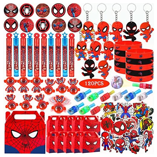 Spider Birthday Party Favors for Kids - 120 Pcs Bubble Wands, Finger Lights, Tumblers, Keychains, Goodie Bags, Wristbands, Stickers, Button Badges Christmas Hero Supplies for Boys Girls Gifts