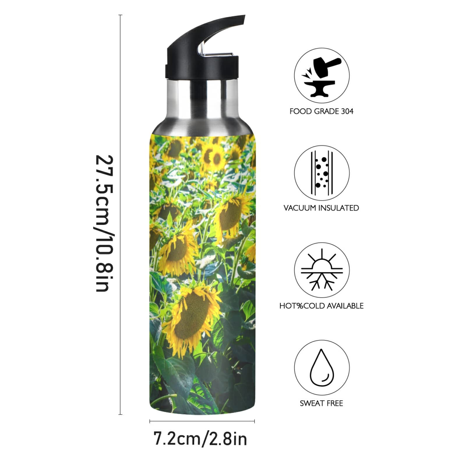 Vakuumisolierte Edelstahl-Wasserflasche 600 Ml – Mit Strohhalm, Motiv Roter Mohn, Auslaufsicher