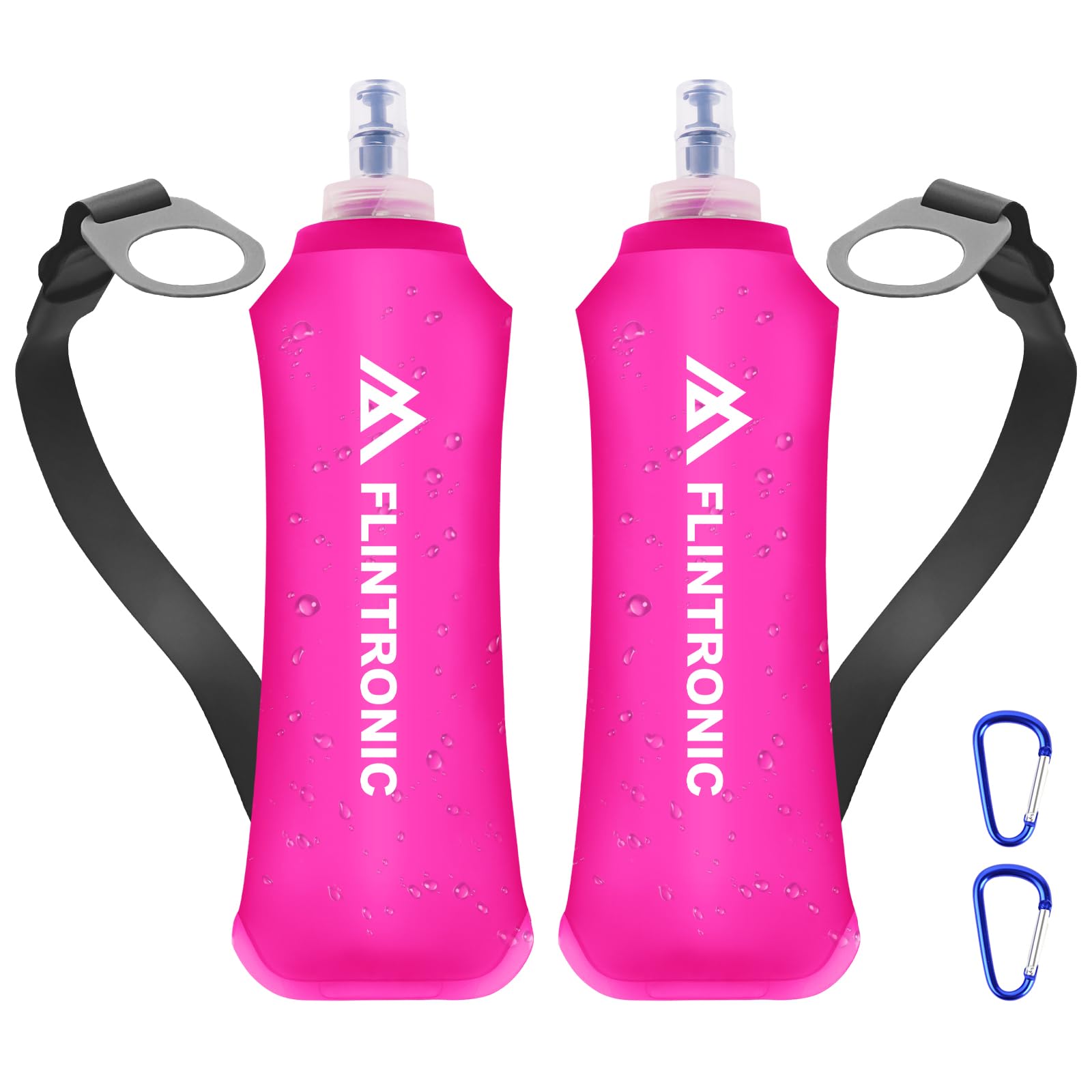 flintronic TPU Faltbarer Trinkflaschen, 2 Stück 250ml Soft Flask mit Handschlaufe und Karabiner, BPA-Frei Sportflasche für Trinkrucksack, Fahrrad, Wandern, Joggen,Camping und Klettern (Rosa)