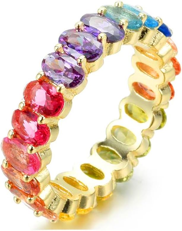 NYC Sterling Women's .925 Silver Oval Shaped Rainbow Cubic Zirconia Eternity Ring (Gold-Plated-Silver, 9)