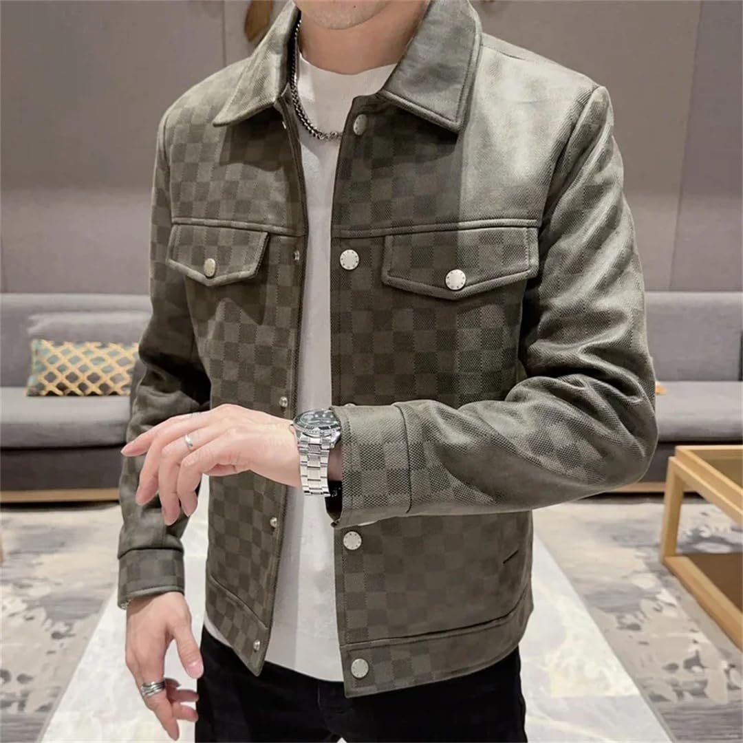 Męska kurtka motocyklowa w stylu vintage w kratę płaszcze biznesowe slim fit skórzana odzież wierzchnia kurtki ze skóry PU