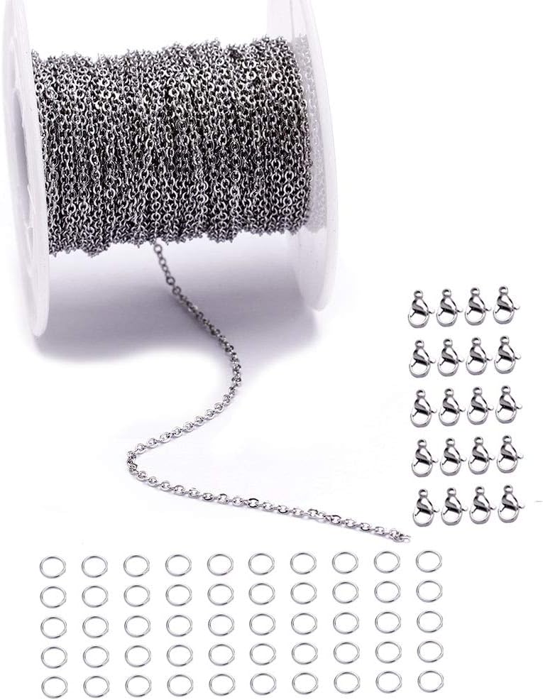 33 Feet Stainless Steel Flat Cable Chains Link Spool Bulk with 20 Lobster Clasps and 50 Jump Rings for Pendant Necklace Jewelry DIY Making