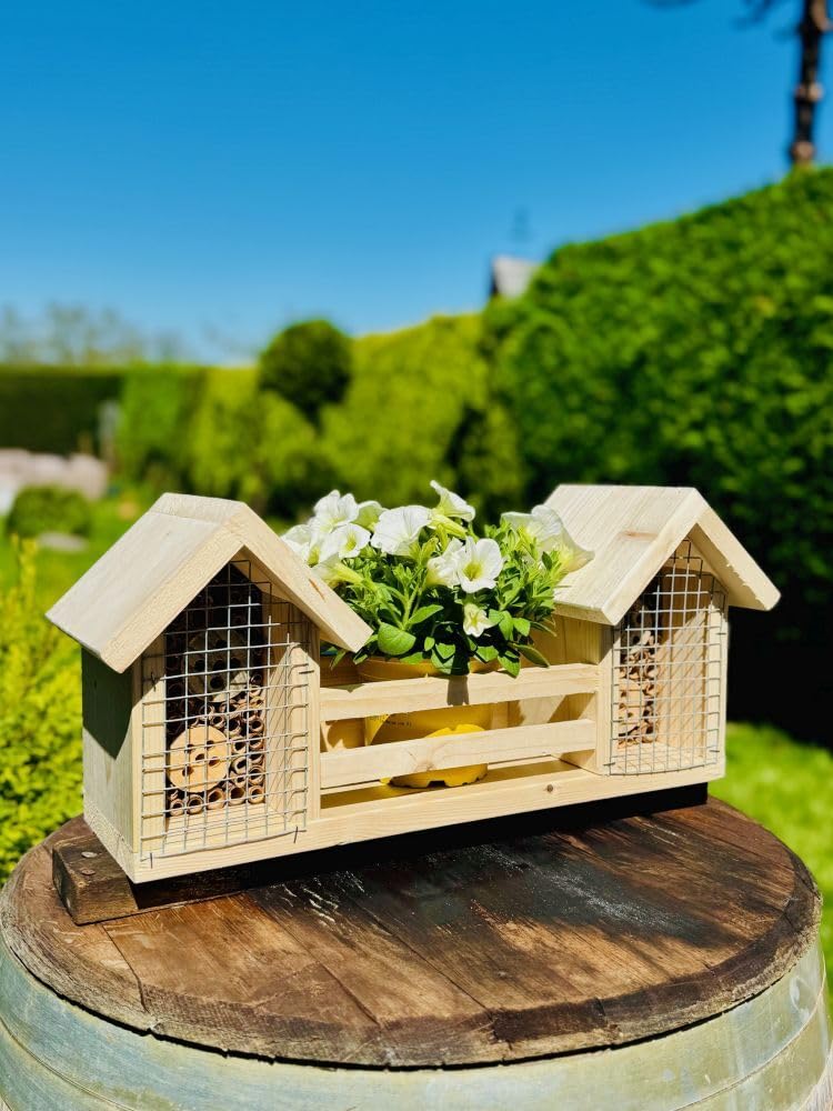 Hotel per insetti in legno fatto a mano, misura L, per api selvatiche, casetta per insetti, fioriera naturale, 20 x 48 x 14 cm (altezza x larghezza x profondità), resistente alle intemperie