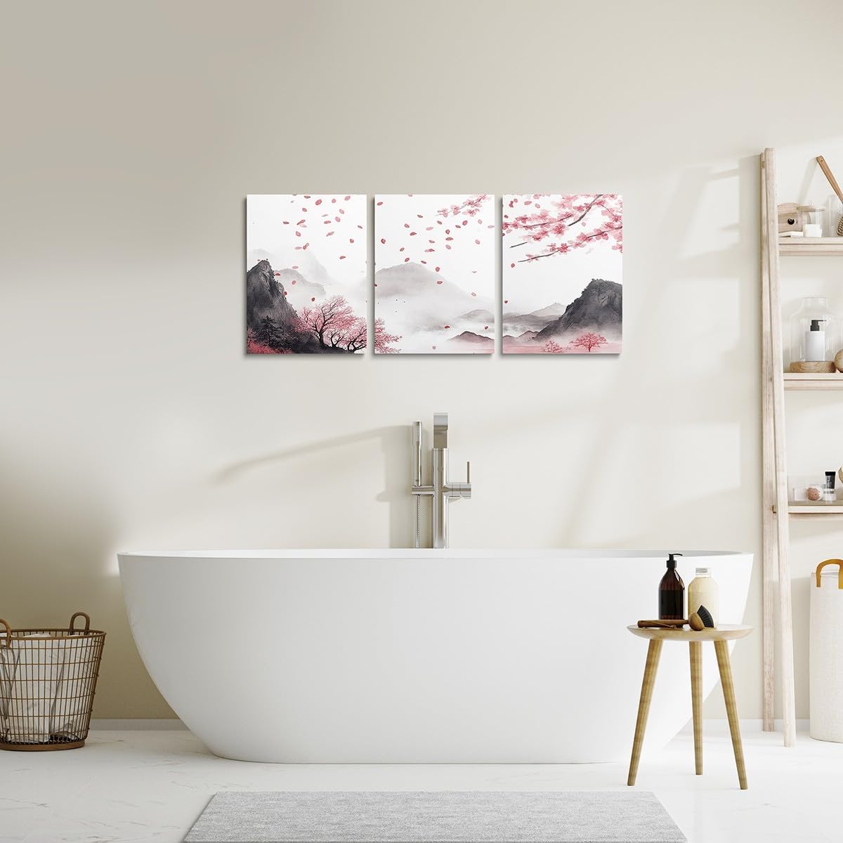 Erosebridal Pink Cherry Blossom Pictures Prints,Japanese Ink Painting Mountain Wall Decor Sakura Floral Canvas Wall Art Aesthetics Framed Posters Paintings For Bedroom Bathroom 3 Piece 12"X16"