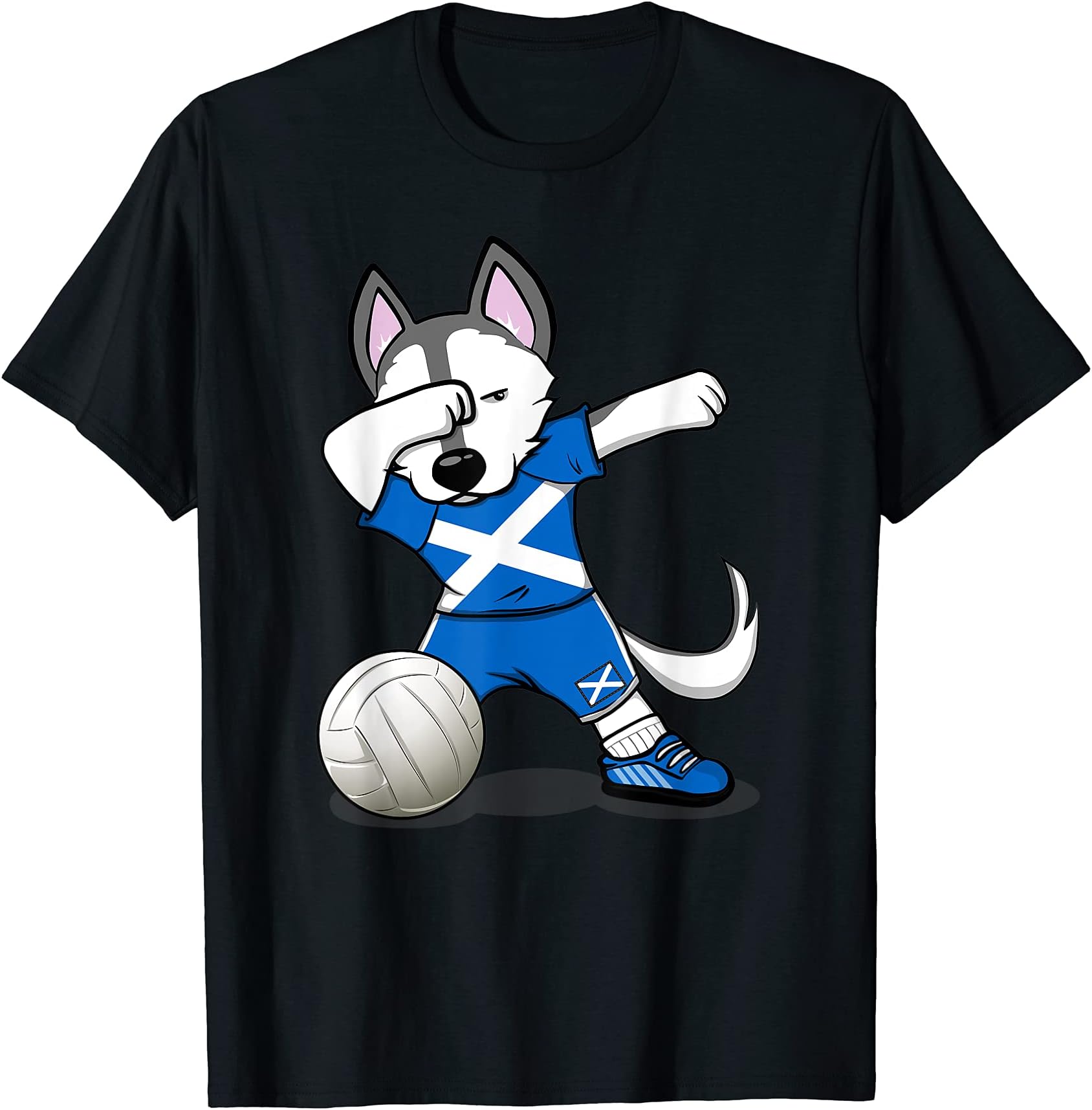 Teeisle Scotland VolleyballDabbing Husky Scotland Volleyball Fans Jersey Scottish Flag T-ShirtOEKO-TEX STANDARD 100