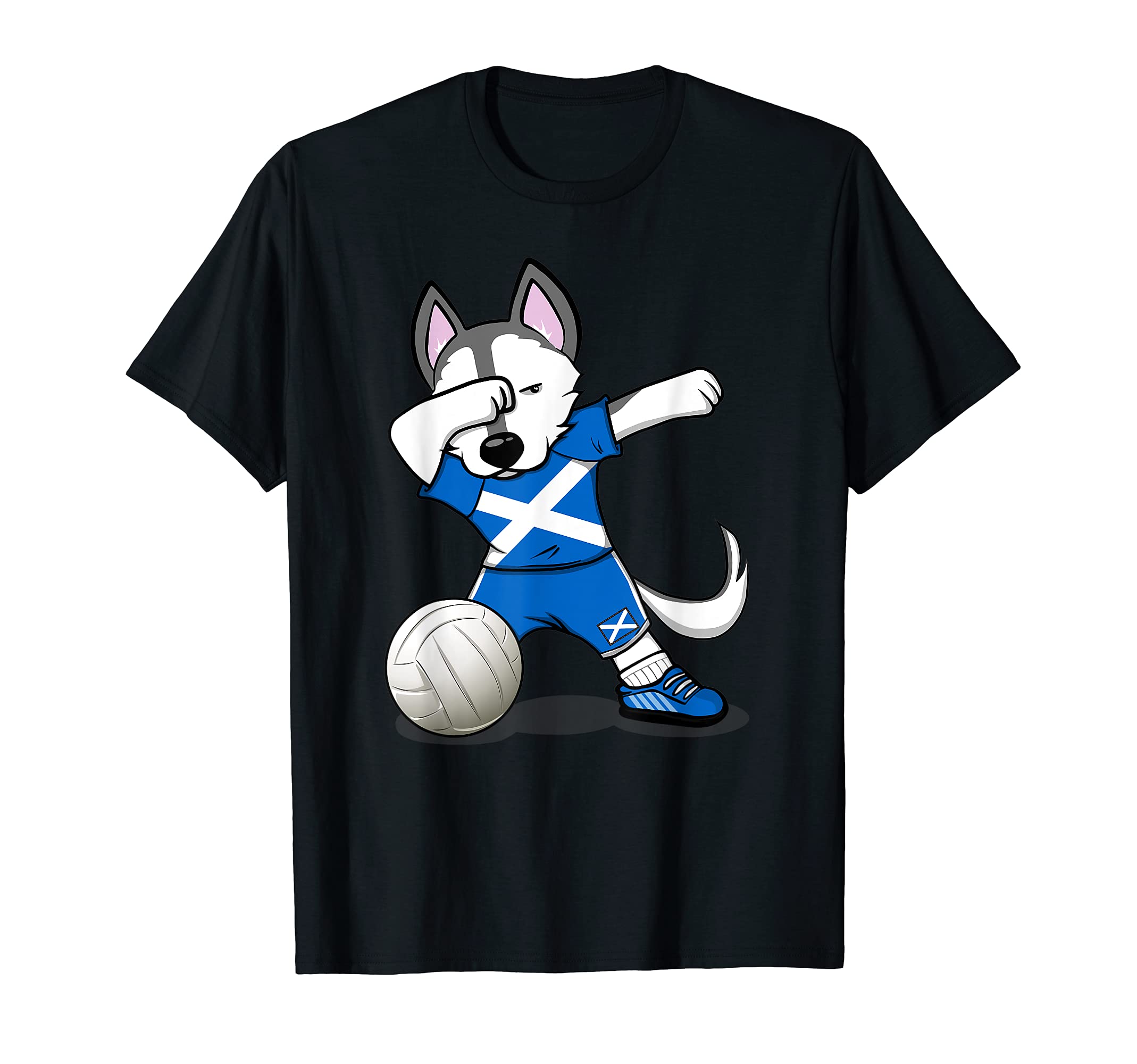 Teeisle Scotland VolleyballDabbing Husky Scotland Volleyball Fans Jersey Scottish Flag T-ShirtOEKO-TEX STANDARD 100