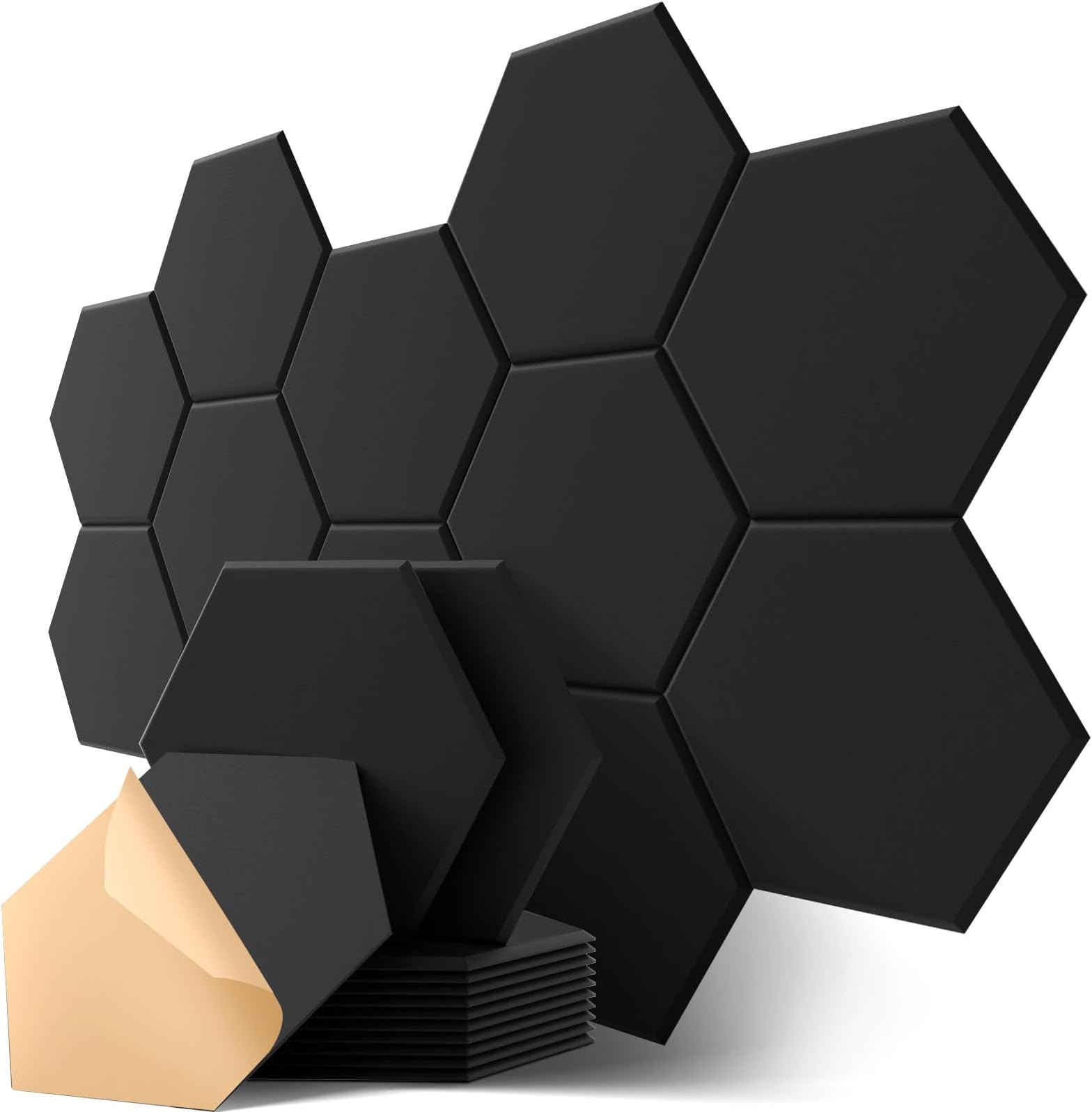 Hexagon Acoustic Panels, Kuchoow Soundproof Wall Panels Self-Adhesive, 12 Pack High Density Sound Absorbing Panels, 12"X10"X0.4" Acoustic Treatment for Recording Studio Office Home, Matte Black