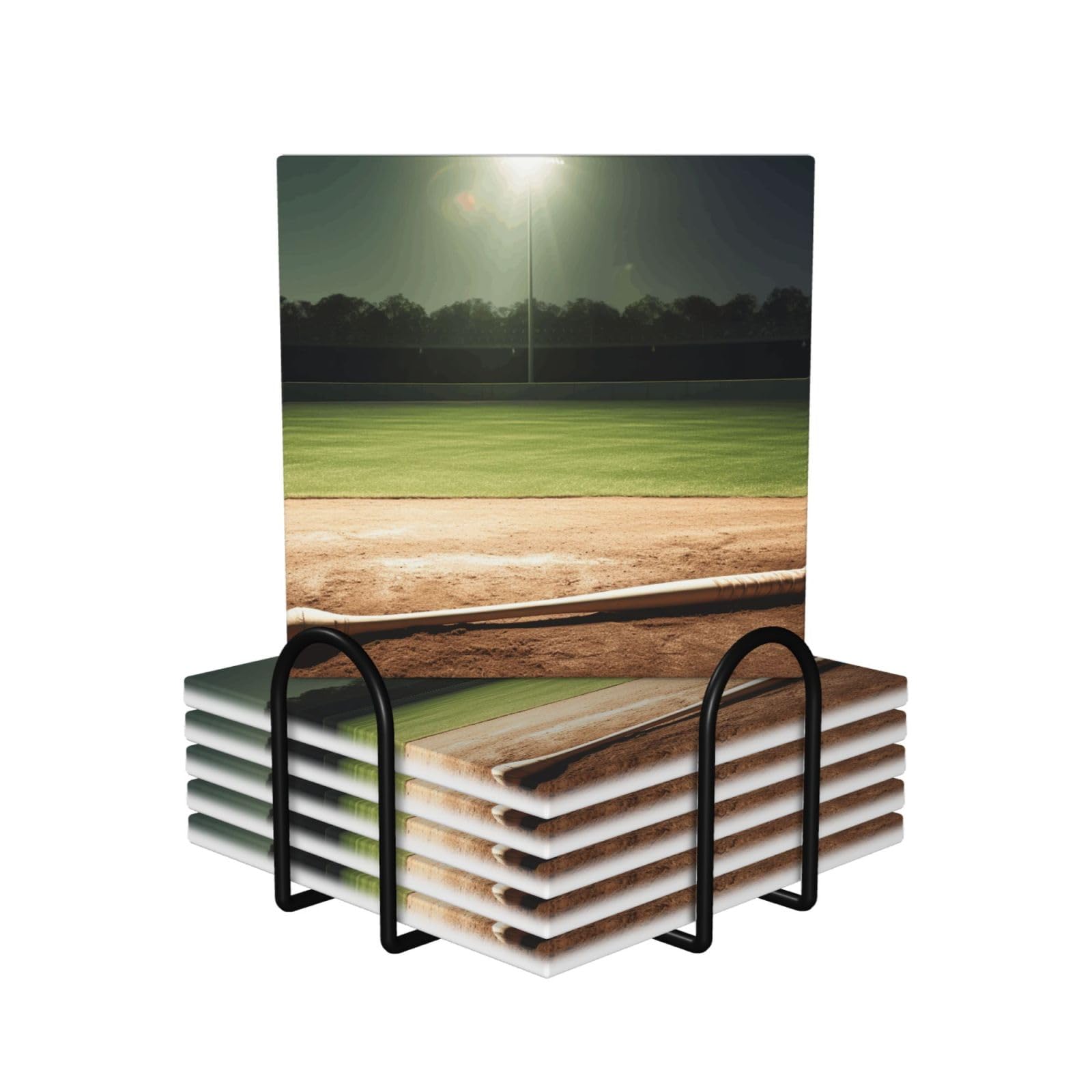 6Pcs Ceramics Coaster for Drinks, Baseball Sports Field Cup Coasters with Holder, Aesthetic Drink Coasters for Coffee Table, Absorbent Round Coaster for Tabletop Protection 4" Cup Mat Pad