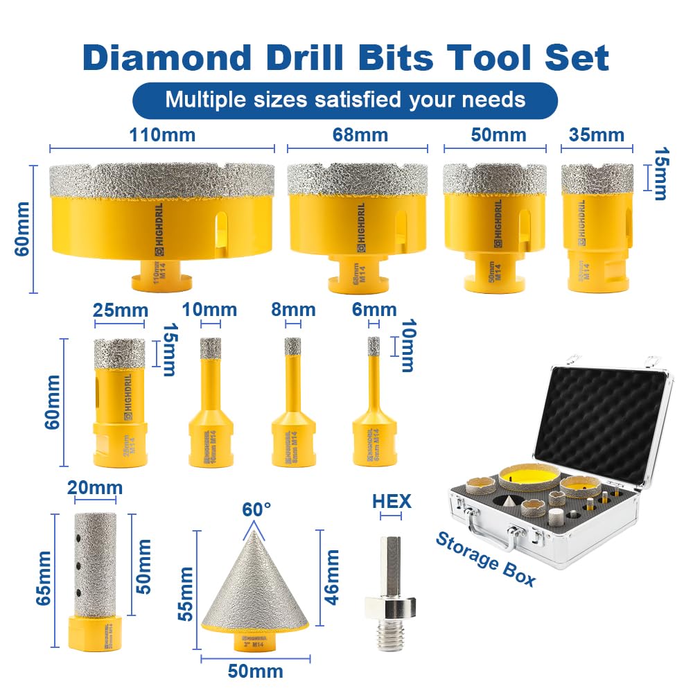 HIGHDRIL Diamond Hole Saw Kit, 6/8/10/25/35/50/68/110mm Drill Bits+adapter, Chamfer, Finger Bits - Image 2