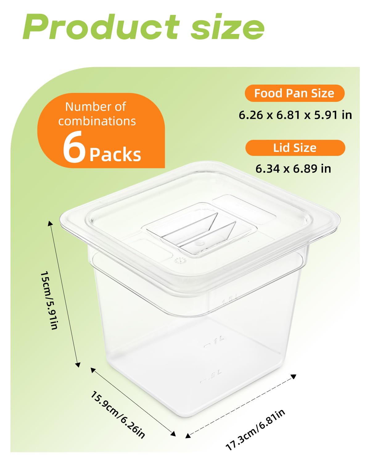 Lot de 6 poêles alimentaires avec couvercles, taille 1/6, incassables, empilables en plastique pour hôtel, fête, restauration, cuisine, préparation des repas, de -40 °C à 100 °C (2,22 L