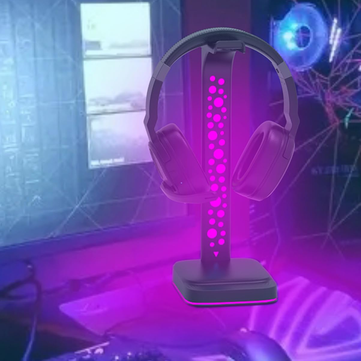 SEWACC Soporte para Auriculares Gaming RGB con Hub USB Doble, Material ABS Resistente para Escritorio y Pc Gaming, Diseño Negro con Iluminación LED