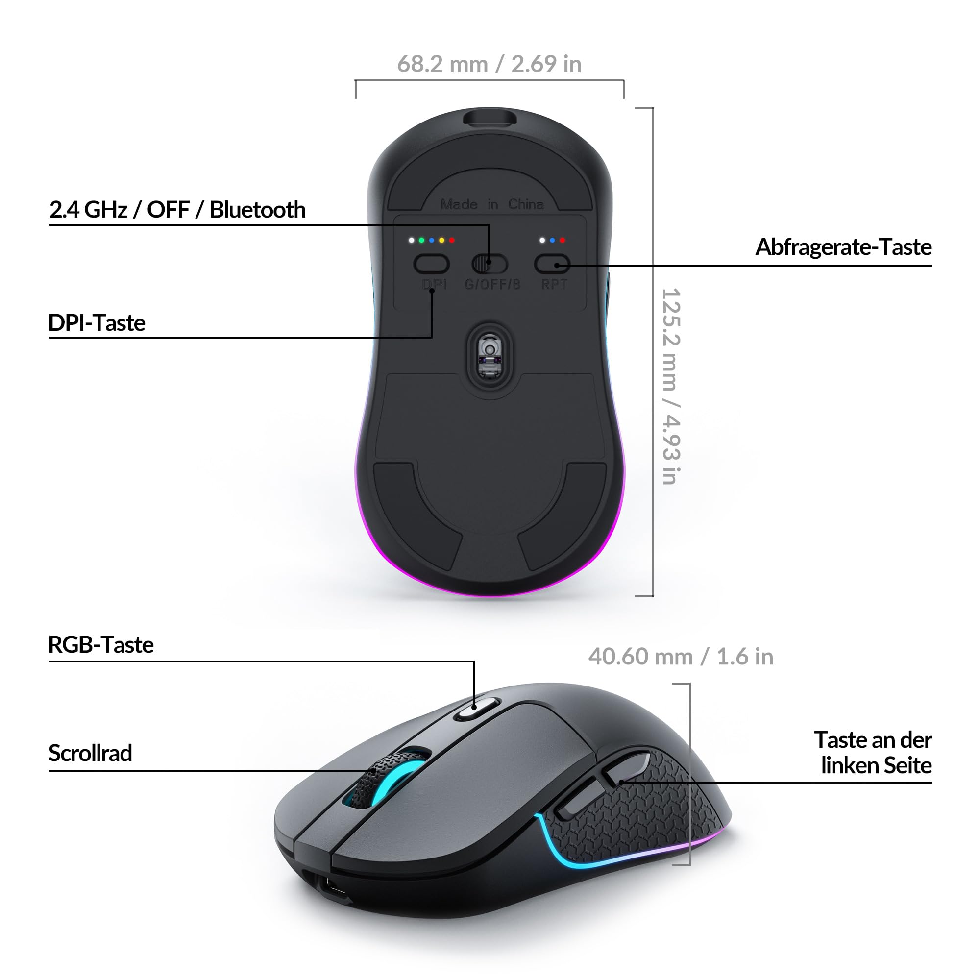 Keychron M3 programmierbare kabellose Maus, 2,4 GHz/Bluetooth 5.1/USB-C-Anschluss, 26000 DPI, PAW3395-Sensor, RGB-LED, 70 Stunden Akkulaufzeit, 79 g Gaming-Maus für PC, Mac und Laptop – Schwarz