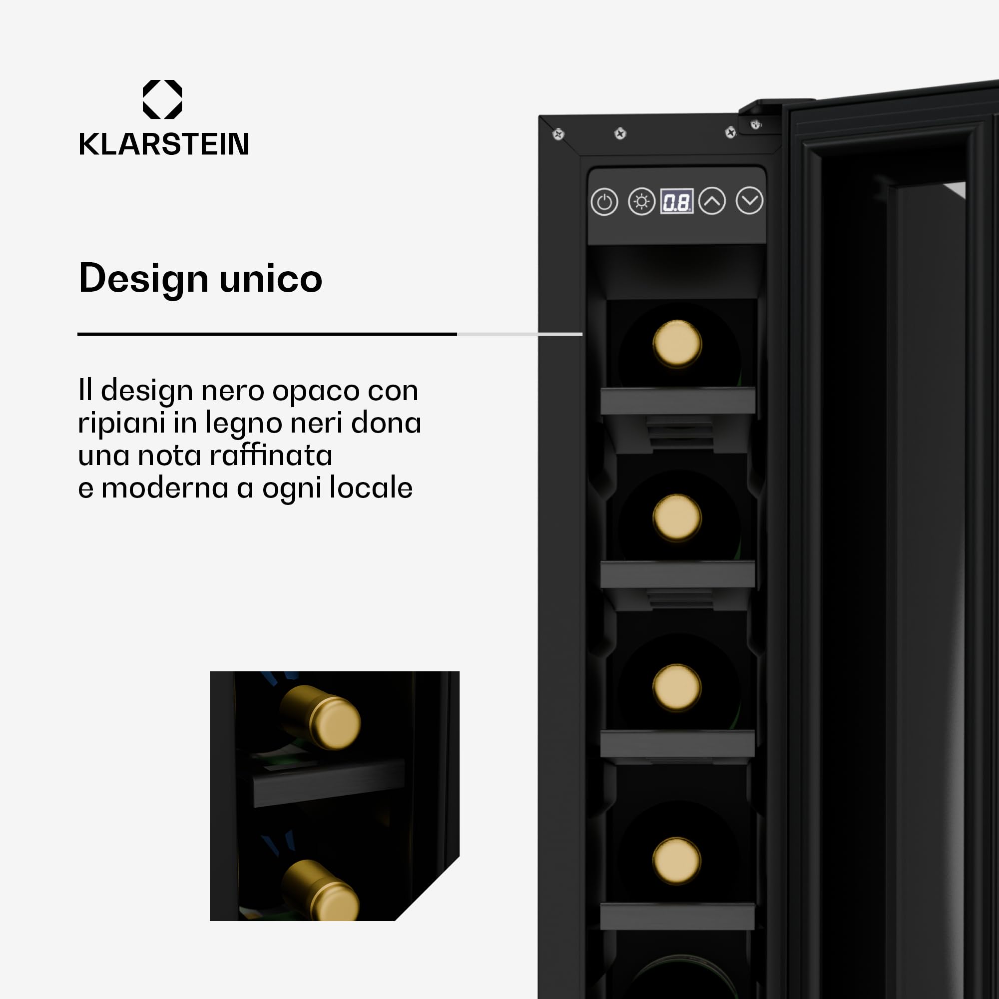 Klarstein Vinovilla 7 Uno - Frigorifero per Vini da Incasso, 7 Bottiglie, 1 Zona, 5-18°C, Illuminazione LED, Funzionamento Silenzioso, Nero Opaco, Frigorifero per Vini Stretto