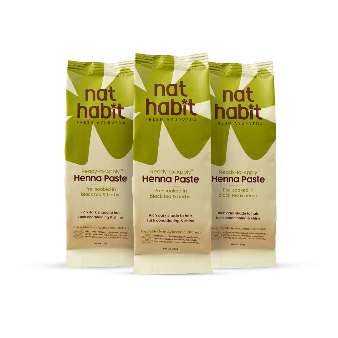 Nat Habit - Fresh Ready To Apply Henna Paste, Pre-Soaked in Black Tea and Herbs,100% Natural Rajasthani Henna, Imparts Rich Brown Shade (Pack of 3 x 220g)
