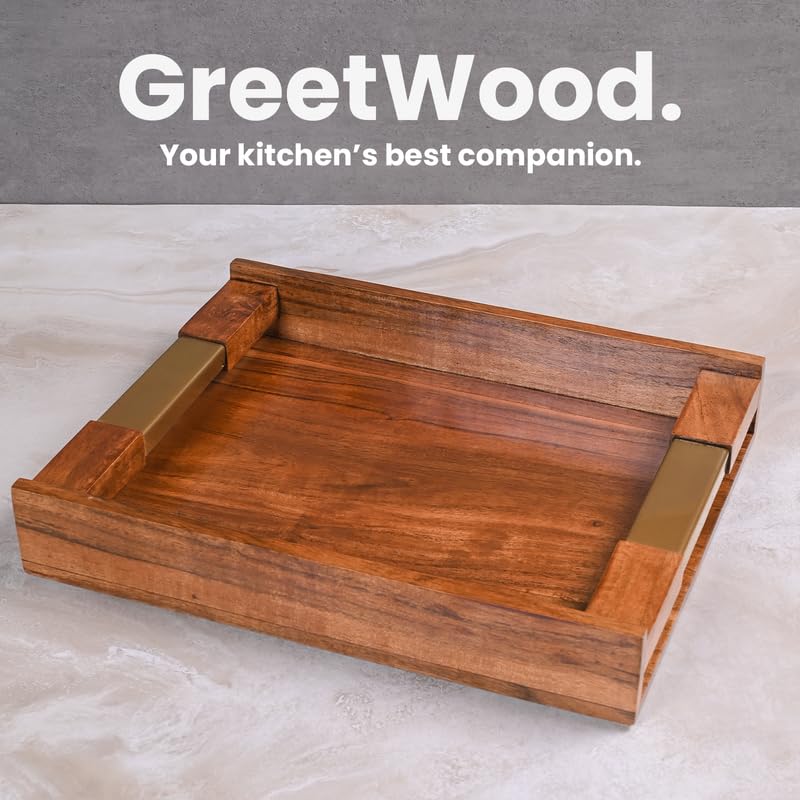 Image of Wooden Serving Tray with Stylish Handle - 15 Inch Rectangular Wooden Tray for Coffee Table, Kitchen, Breakfast & Home Decor | Multipurpose Organizer & Gift (Brass Inlay Corner Accents)