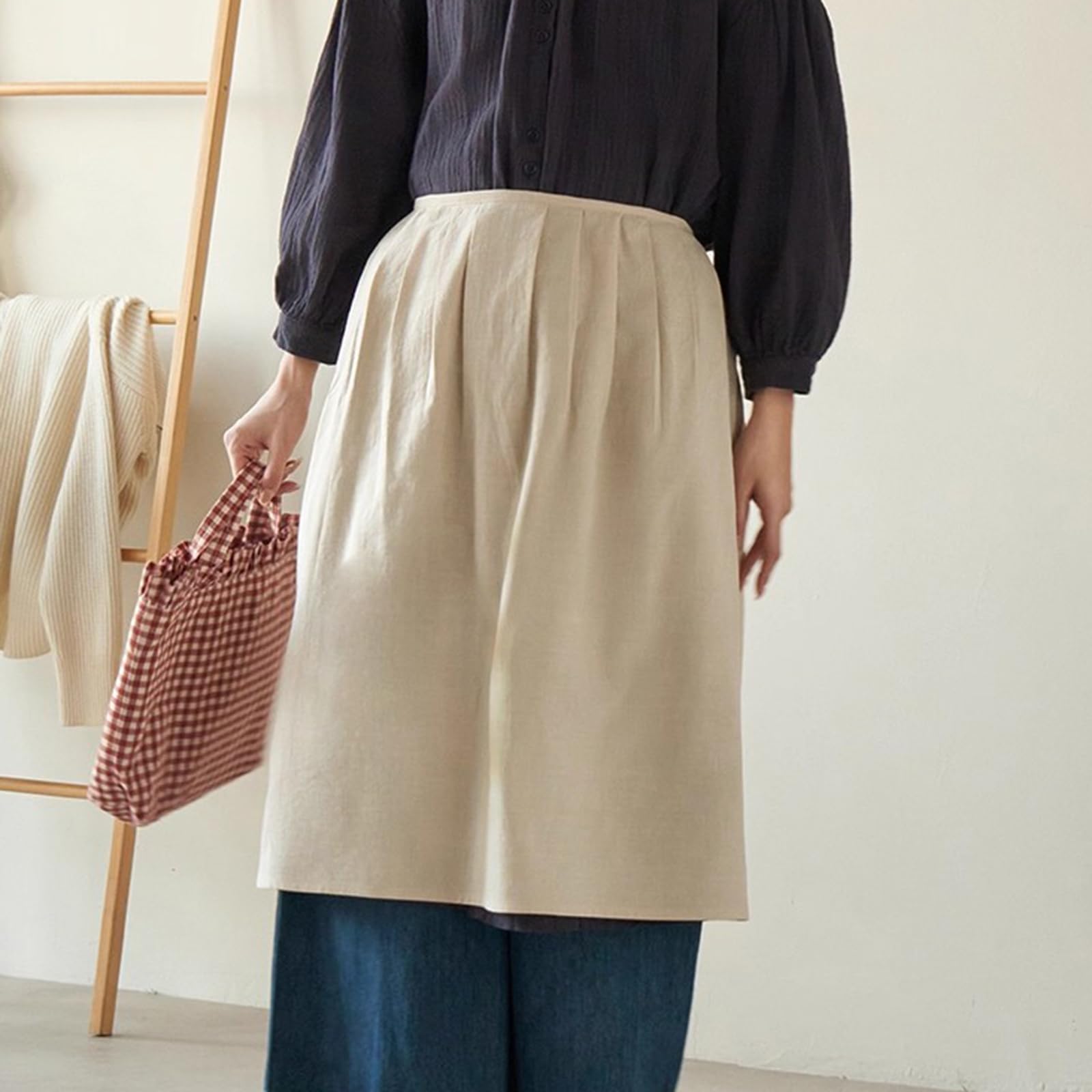 Delantal Cocina Mujer Algodón Delantal Camarero Largo para Niña Y Mujer, Cocina, Restaurante, BistróBeige,One Size