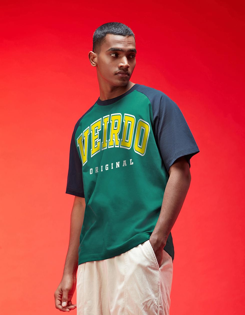 Veirdo® 100% Pure Cotton Oversized Loose Baggy Fit Drop Shoulder Round Neck Cool Front Chest Typographic Logo Printed Raglan Sleeve T-Shirt for Men (Colors: White, Black,... - Image 7