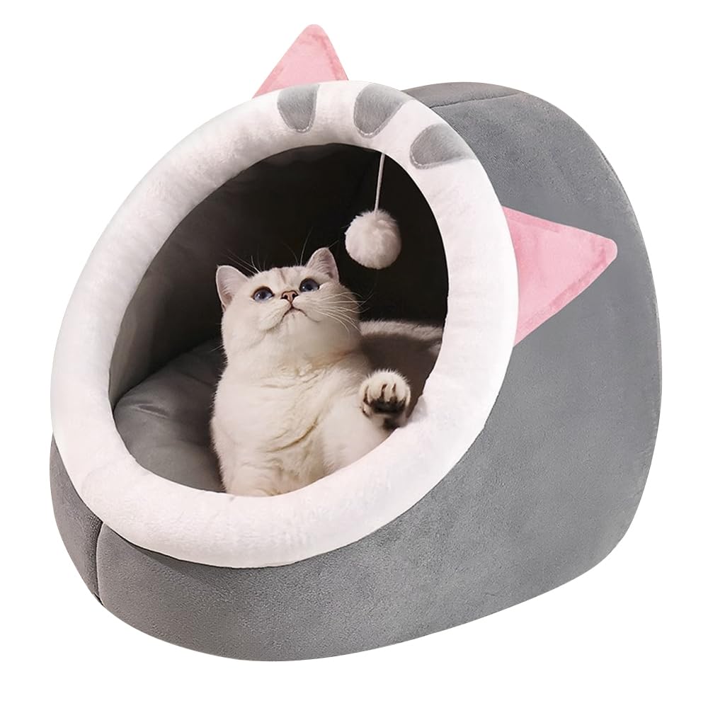 Dhqkqg Cama para Gatos, Cama Cueva para Gatos, Cama Cueva con Cojines extraíbles y Lavables Bola Colgante Juguete, Caseta Semicerrada para Perros Y Gatos, para Gatos Casa para Gatos Interior