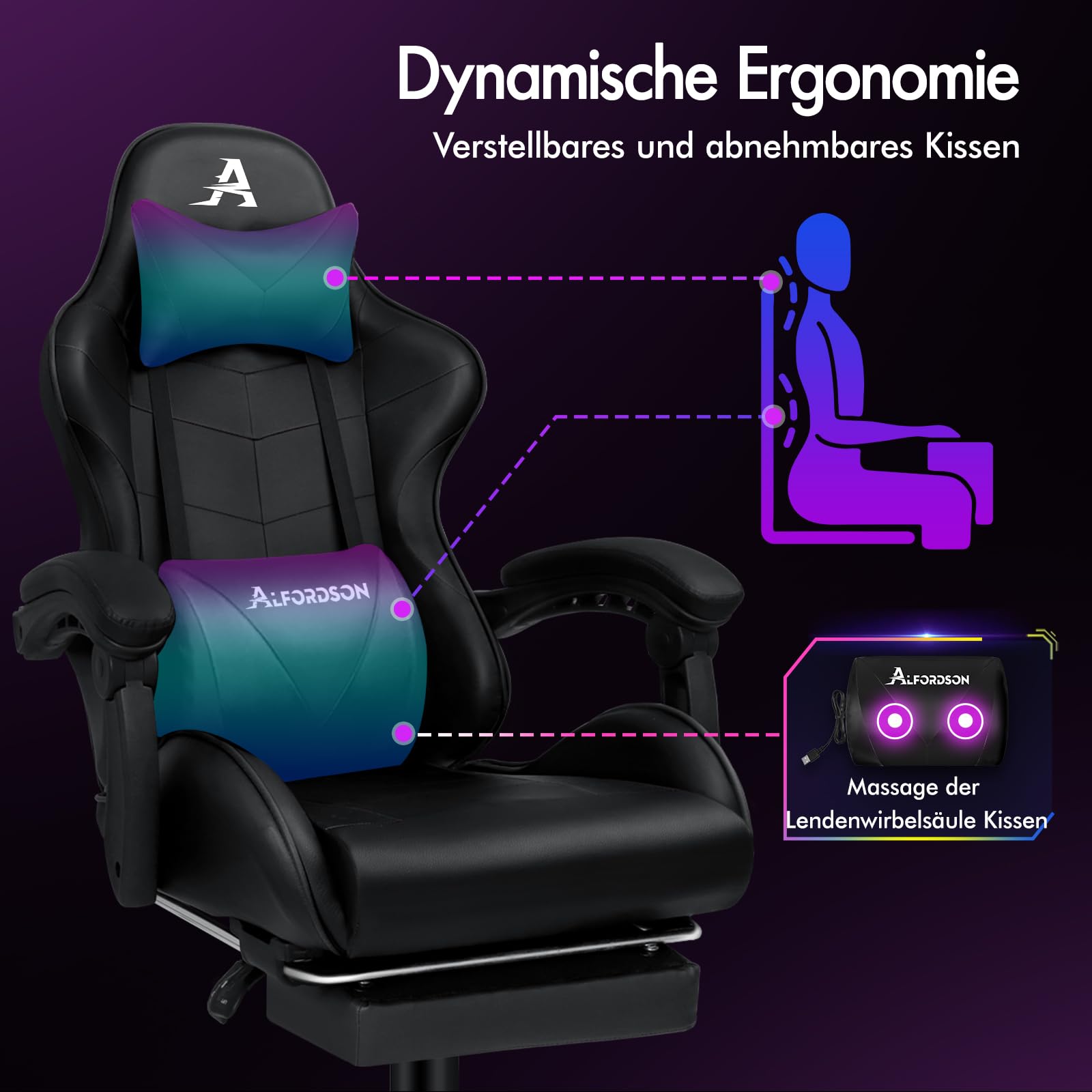 ALFORDSON Gaming-Massagestuhl, Racing-Stuhl mit Kopfstütze, ergonomischer Schreibtischstuhl, Liegesessel, klappbare Fußstütze, atmungsaktives PU-Leder, höhenverstellbar, 180 kg Tragkraft, Blau Weiß