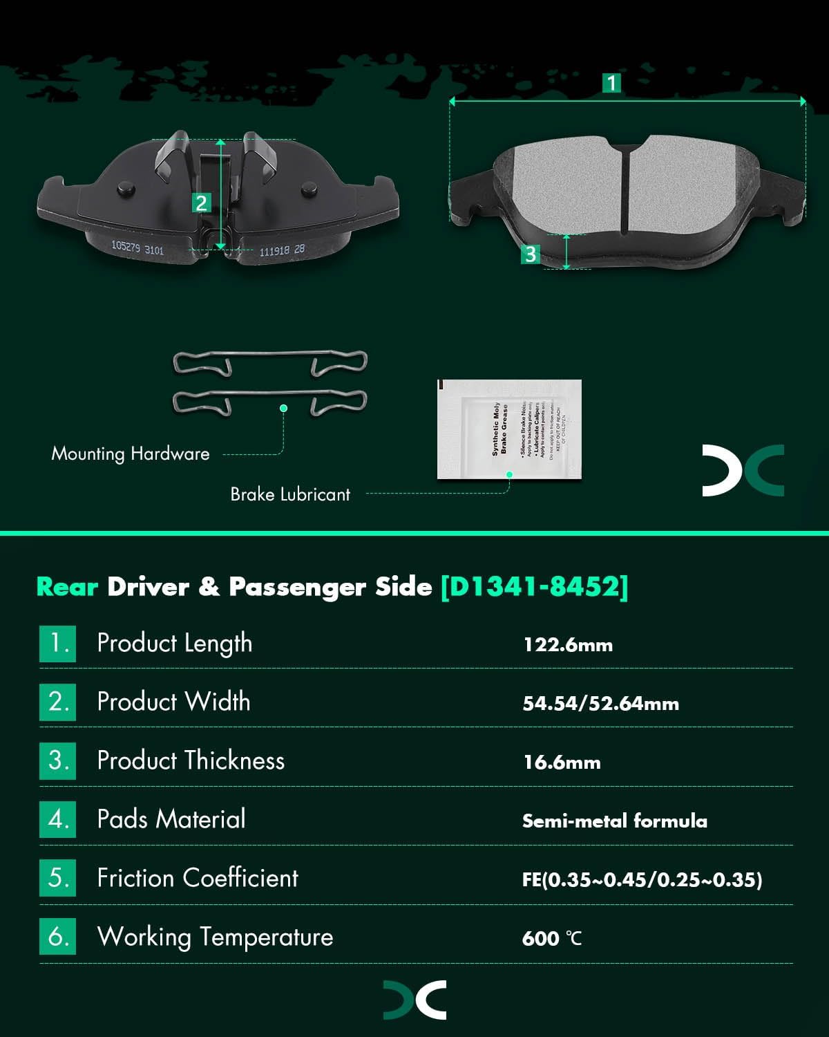 SCITOO D1341 Rear Semi-Metal Brake Pads Sets Fit For Mercedes-Benz GLK250 2013-2015,For Mercedes-Benz GLK350 2010-2015