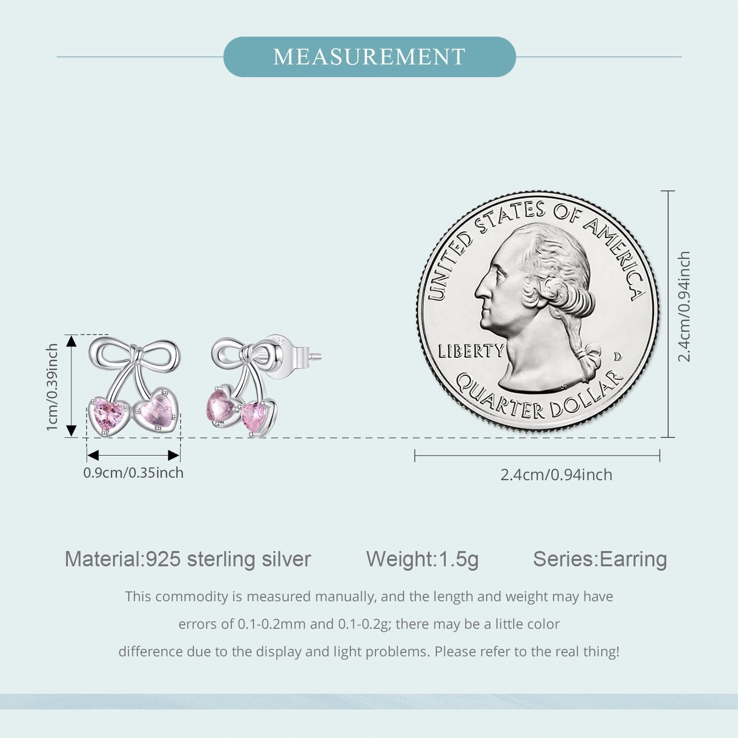 Pink Cherry Stud Earrings 925 Sterling Silver Shining Bow Heart Ear Studs for Women - Image 4