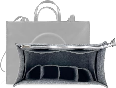 Purse Organizer for TelfarLarge Bag - 3MM Felt Gray | Silver Zipper Pouch, Premium, Sturdy & Durable, Tote Insert for Handbag Compatible with Shopping Bag