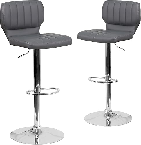 Flash Furniture Samantha - Juego de 2 taburetes de bar de vinilo gris contemporáneo con respaldo vertical y base cromada