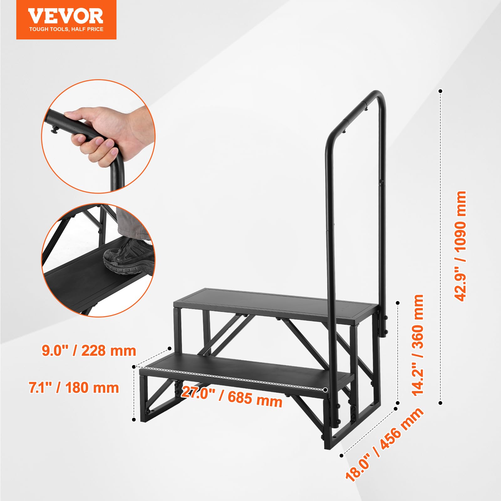 VEVOR Gradini per Camper, Scale per Camper a 2 Gradini, Capacità di Carico di 440 LBS, Acciaio al Carbonio Addensato, con Corrimano, Gradini Antiscivolo per Ingresso e Uscita Sicuri, Adatto per Camper