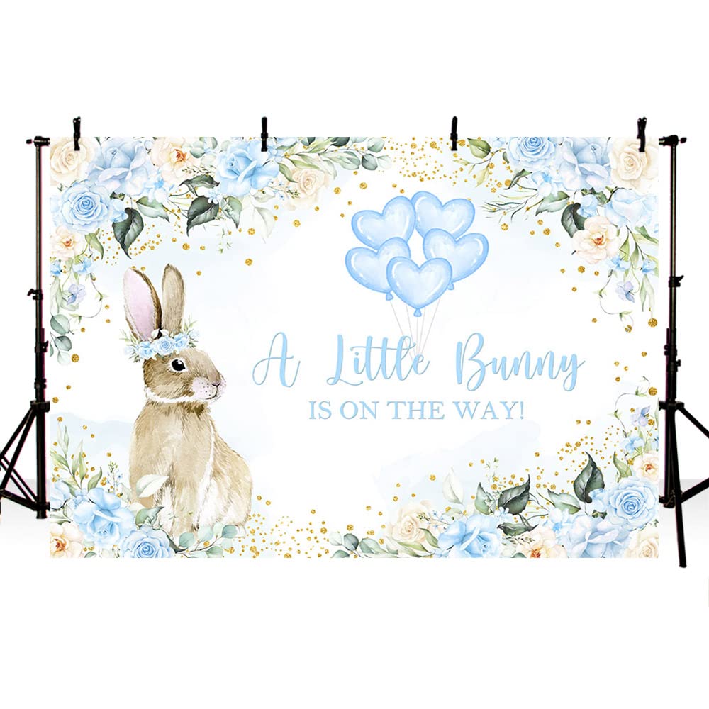 AIBIIN 7x5ft Bunny Baby Shower Backdrop for Boy A Lillte Bunny is on The Way Baby Shower Decorations for Boys Blue Flowers Photography Background