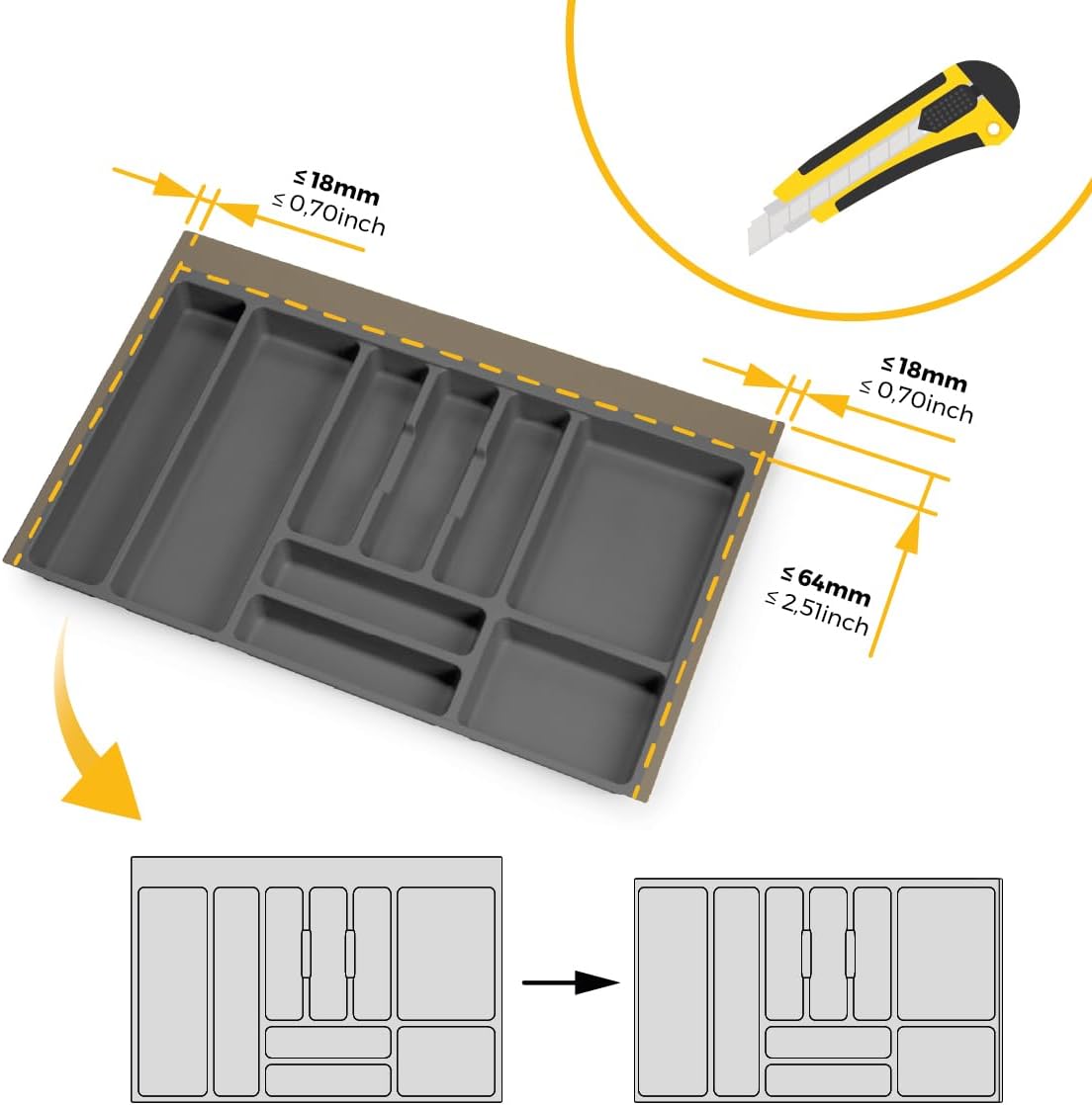 Emuca - Cutlery Organizer, kitchen drawer organizer, cutlery tray, 9 compartments, 80cm module, Plastic, Anthracite Grey