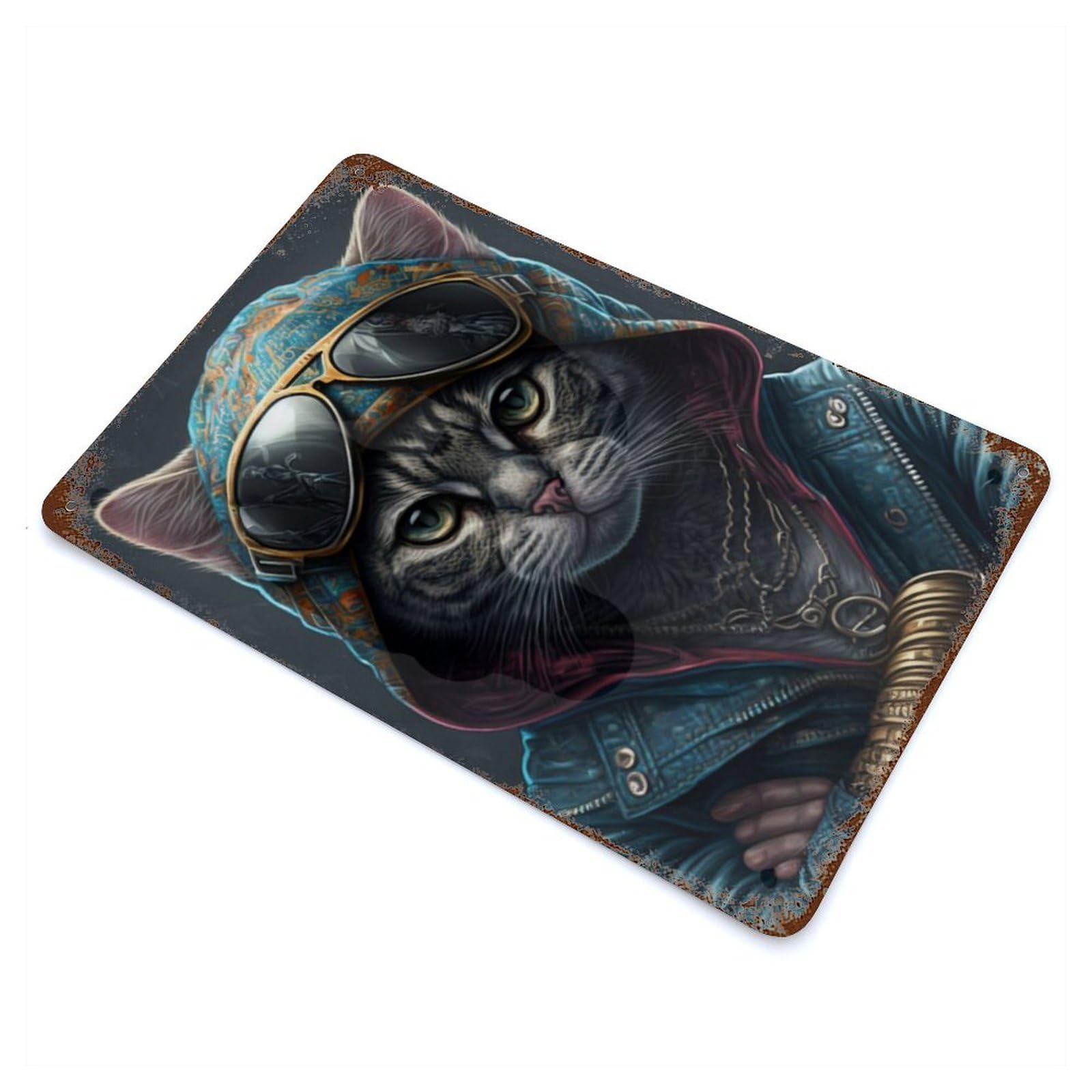 Rapper Cat 11.8"x7.9" Rustic Tin Plaque, Novelty Wall Decor for Living Room, Hallway And Home Decor
