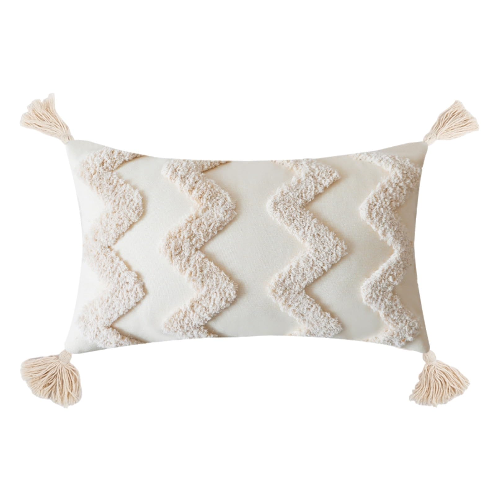 Housse de coussin bohème 45x45 cm en lin crème avec pompons pour canapé