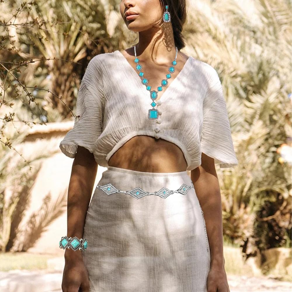 Bohemian Turquoise Necklace Set - Women's Western Jewelry with Long Choker, Pendant, Dangle Earrings, Layered Bracelets - Image 6