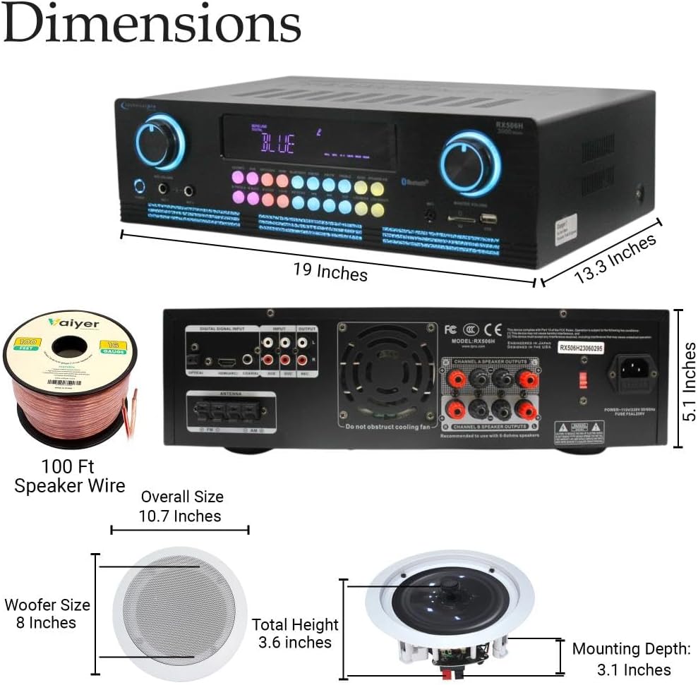 Home Theater Sound System Kit - 2000 Watts Bluetooth Amplifier w/ 4 Qty of 8" Framed Ceiling Speakers 300 W Each, 200 ft Speaker Wire for Home, Office, Commercial, Bars by Technical Pro
