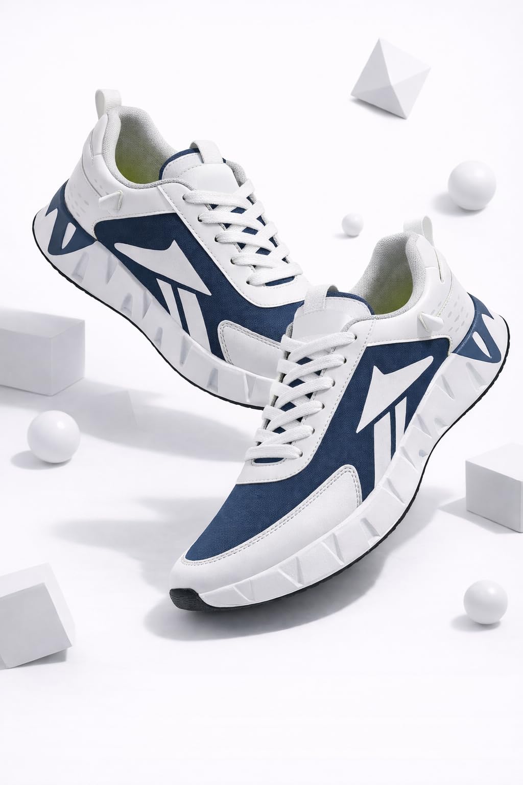 Athletic Running Sneakers, White and Navy Blue, Lace-Up, Mesh and Synthetic Leather, Cushioned Insole, Lightweight, Round Toe (UK Footwear Size System, Adult, Men, Numeric, Medium, 9) 1