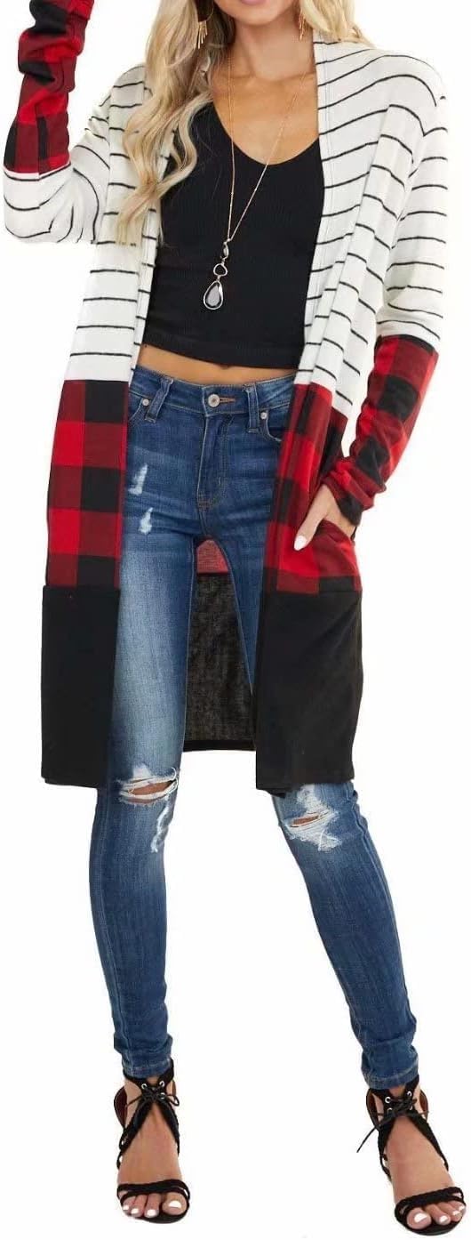 Lacozy Women's Open Front Long Cardigan Draped Snap Buffalo Plaid Shirt Kimono Cardigan Knit Sweater
