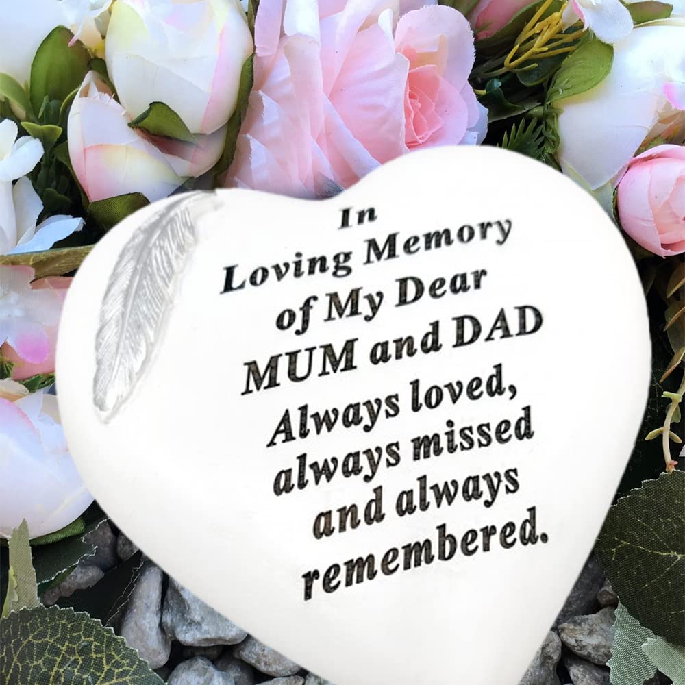Memorial Stone Heart Plaques Grave Ornaments - Personalised Grave Decoration White & Silver Plaques With Feather- Outdoor Memorial Plaques 15 X 15cm (Mum & Dad