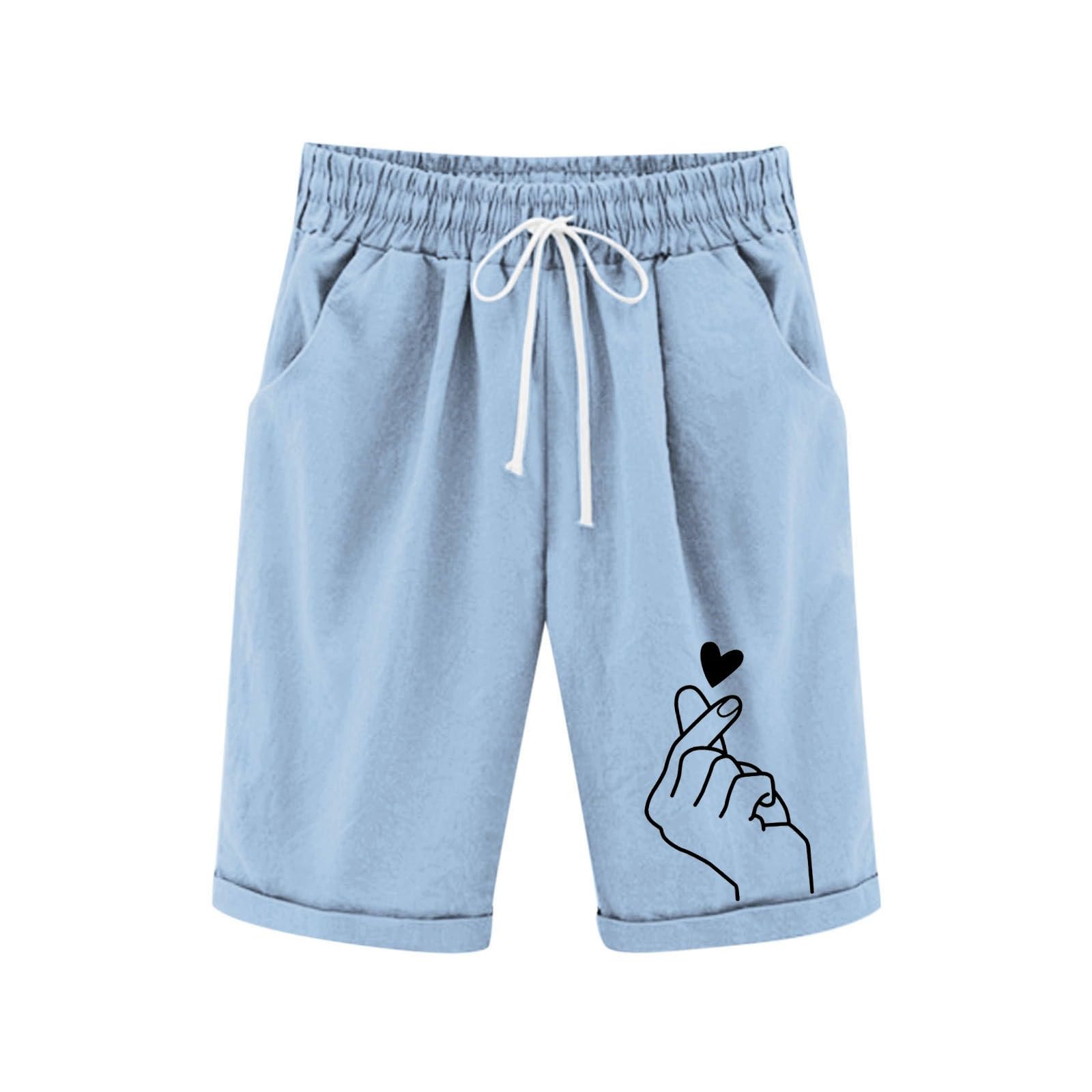 Generisch Leinenhose Kurze Mädchen Leicht Shorts Sommer Freizeit Hose Baumwolle Leinen Strandshorts Elastische Taille Sommerhose Elegant Einfarbig Stoffhose mit Taschen Sweatshorts