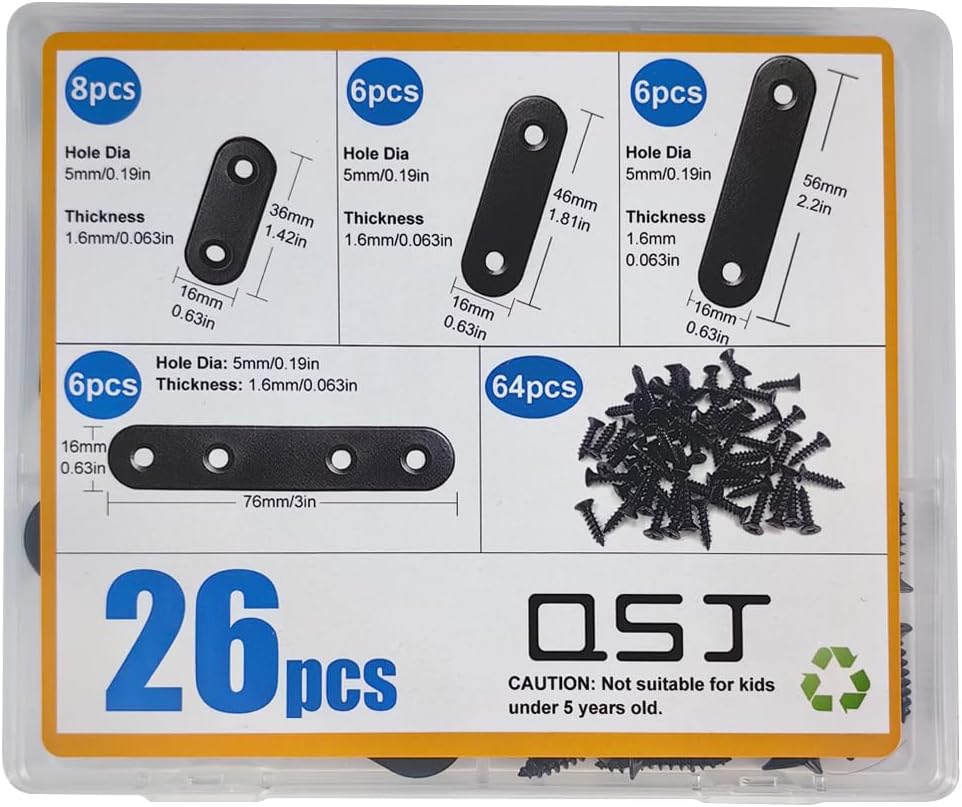 QSJ 26 Sets Flat Plate Straight Bracket Flat Brace Bracket Stainless Steel, 36mm/46mm/56mm/76mm Wood Brackets Mending Repair Plate Brace