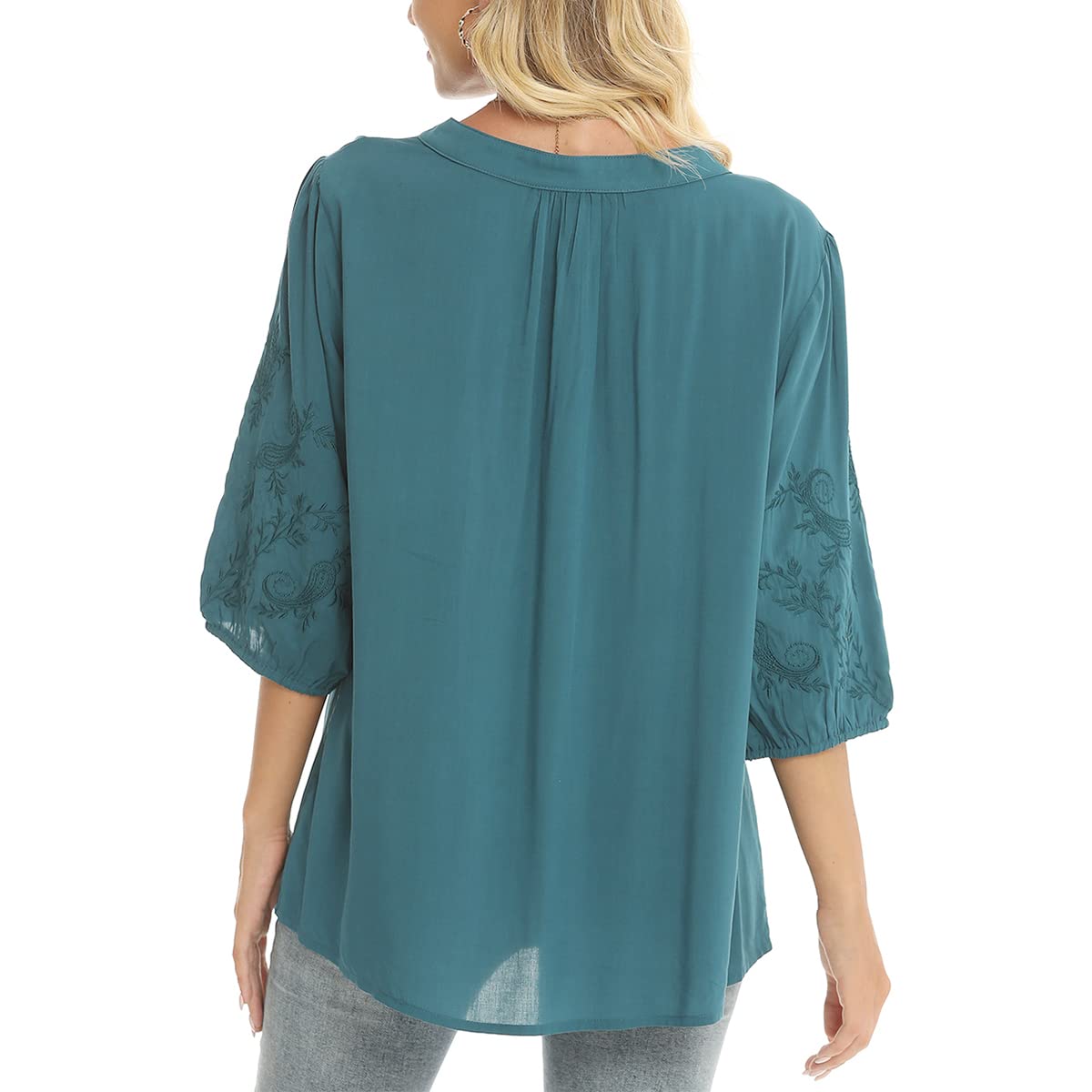 LauraKlein Blusas de verano para las mujeres Boho camisa blanca manga 3/4 bordado Top para Mexicano Floral Western wear, Azul / Patchwork, Small