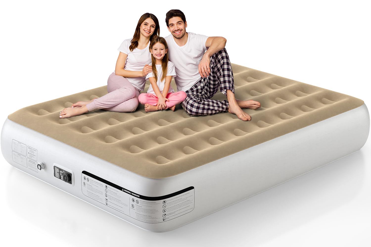13 Inches Air Mattress Queen with Built in Pump, Inflatable Mattress for Camping & Guest, Blow Up Mattress with Soft Flocked Top, Foldable Queen Air Mattress with Built in Pump Beige and White