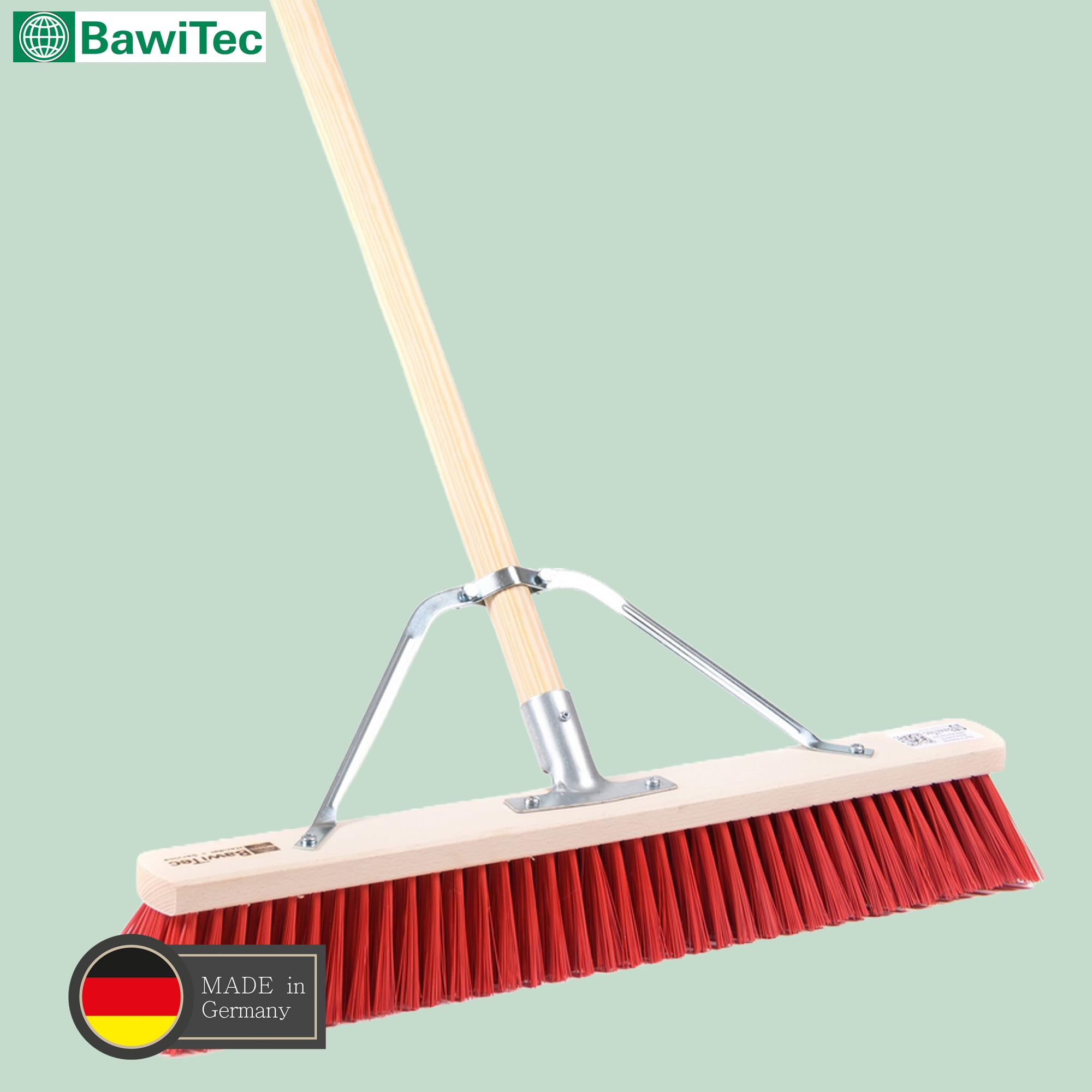 Profi Besen Straßenbesen 80cm mit Stiel 160cm Holzstiel rote Borsten Stabi | Spezieller Stielstabilisator/Zusatzhalterung, Besenstiel Ø28mm, Robuste Dichte Kunststoff-Borsten
