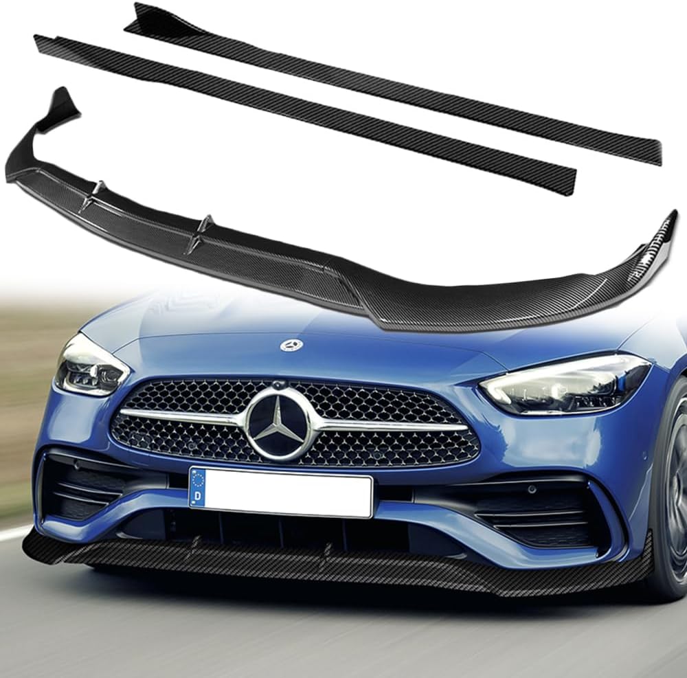 Q1-TECH, 9PCS Front Bumper Lip & Side Skirt Extensions Diffuser Compatible with 2022-2025 Mercedes-Benz C-Class W206 C43 / C300, Front Lip Spoiler Body Splitter ABS (Painted Carbon)