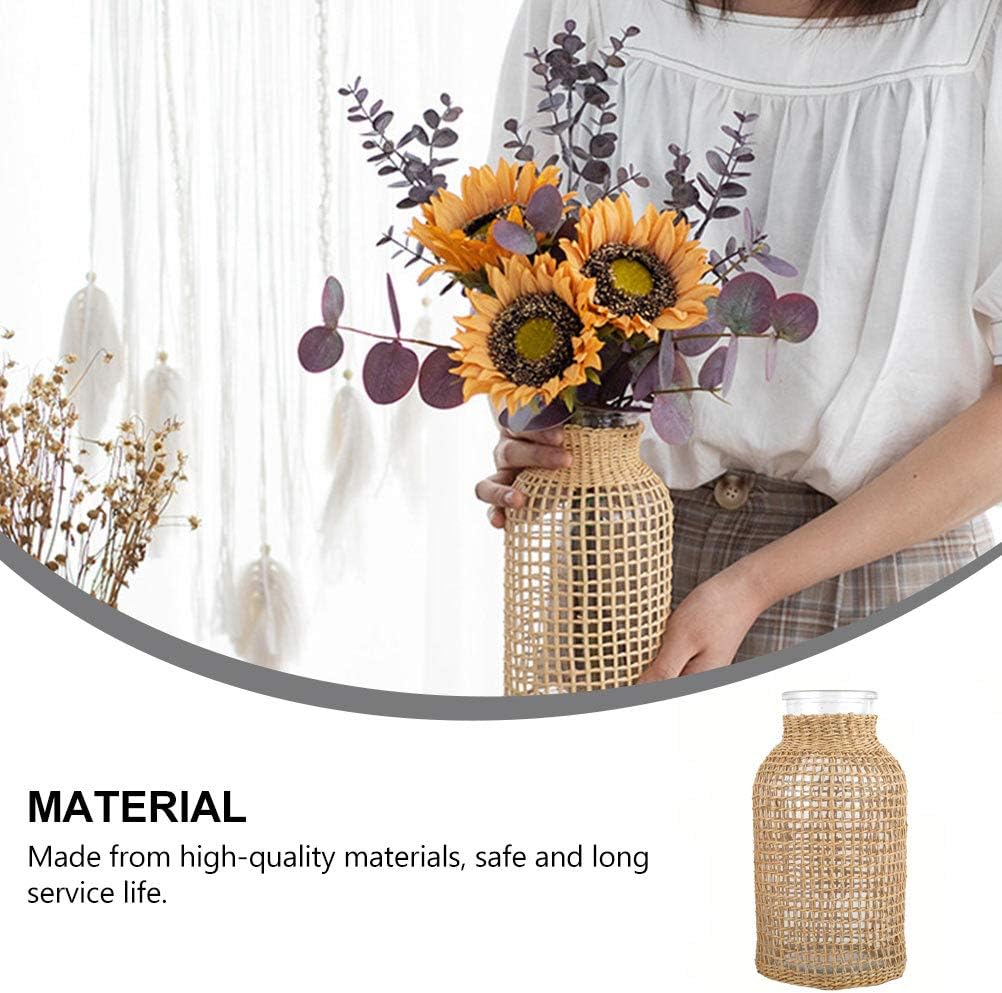 DOITOOL Rattan Vase Boho Woven Glass Vase, Country Rustic Style Wicker Floral Container, Farmhouse Flower Bottle for Floral Arrangements Housewarming Wedding Party Decoration (S+L)