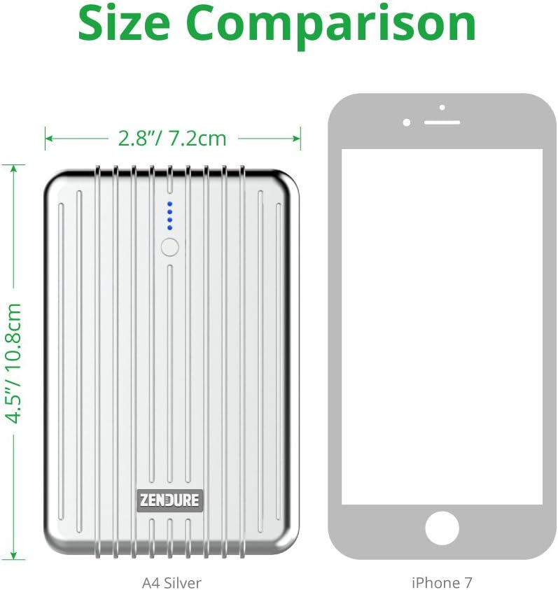 Size comparison of Zendure A4 Portable Charger next to an iPhone 7.